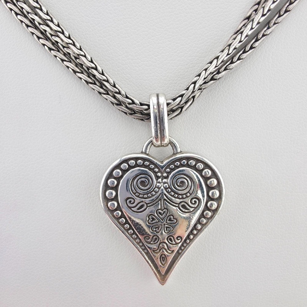 BRIGHTON 'Ophelia' Necklace Scrollwork Heart Pendent 3 Strand Silver Plate 17"